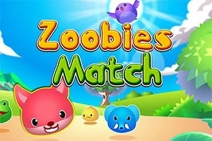 Text colorat Zoobies Match cu fețe de animale stilizate pe fundal cu peisaj de natură și cer albastru