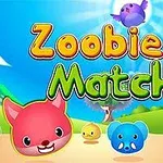 Text colorat Zoobies Match cu fețe de animale stilizate pe fundal cu peisaj de natură și cer albastru