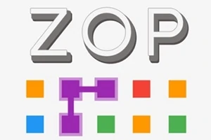 Literele ZOP cu umbre 3D deasupra unui model de pătrate colorate în albastru, portocaliu, verde și mov, conectate între ele