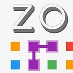 Literele ZOP cu umbre 3D deasupra unui model de pătrate colorate în albastru, portocaliu, verde și mov, conectate între ele