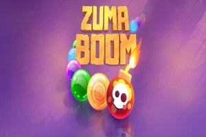 Fundal mov cu bile colorate și o bombă, deasupra de care scrie ZUMA BOOM