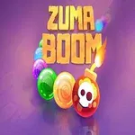 Fundal mov cu bile colorate și o bombă, deasupra de care scrie ZUMA BOOM
