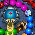 Bile colorate dispuse în spirale cu un cap rotund și ochi mari în centru, înconjurate de elemente decorative