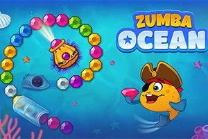 Pe un fundal albastru oceanic, un pește cu pălărie de pirat ține un diamant roz, înconjurat de o spirală de bile colorate și textul Zumba Ocean