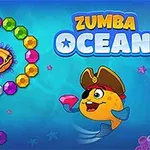 Pe un fundal albastru oceanic, un pește cu pălărie de pirat ține un diamant roz, înconjurat de o spirală de bile colorate și textul Zumba Ocean