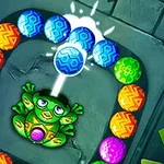 Broască verde care trage mingi colorate pe un traseu de bile multicolore
